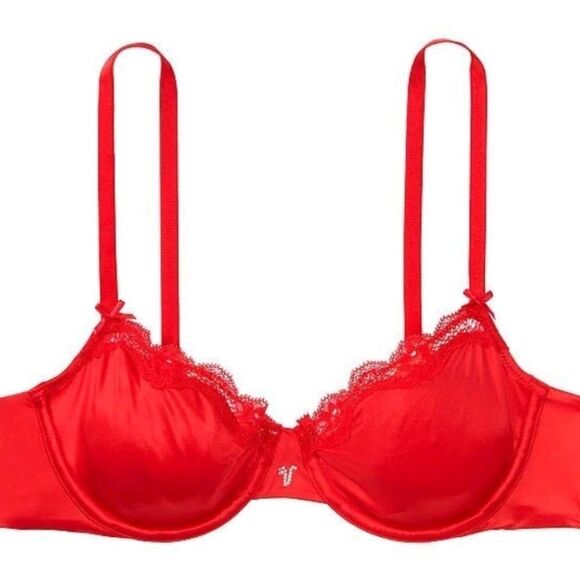 Victoria's Secret Dream Angels Unlined Crystal V Logo Balconet Lace Trim Bra - Picture 1 of 4